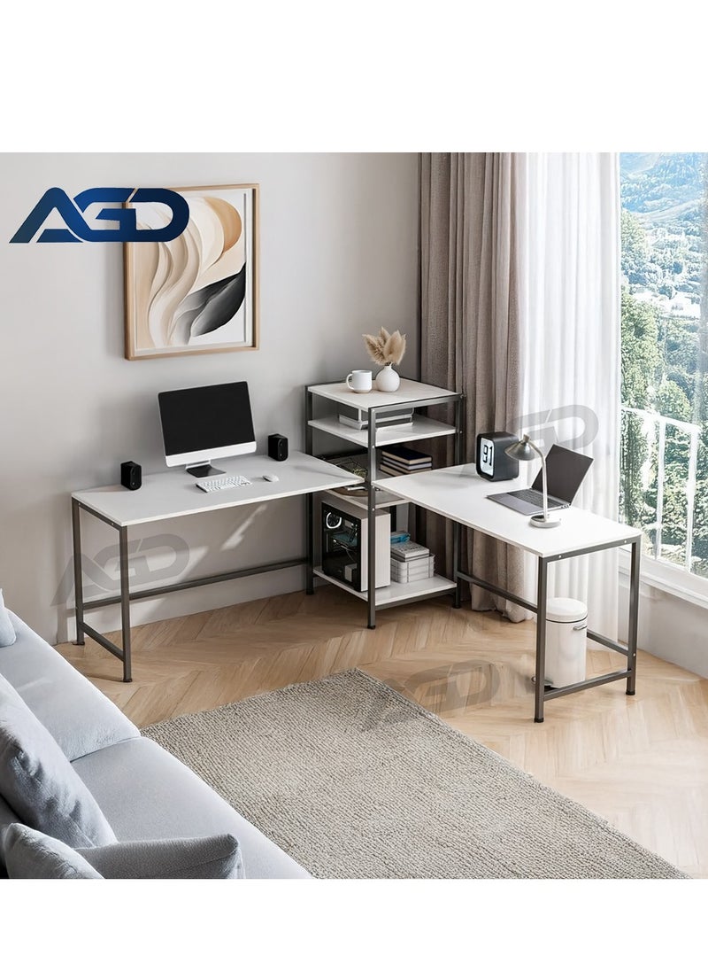 AGD Gaming and Computer Table, 3-Way Adjustable, White L-Shaped Corner Computer Desk with Printer and Book Shelf, Tall Workstation for 2 People  - Image 2