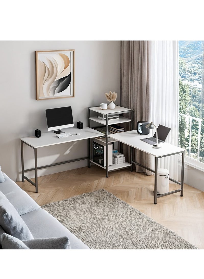 AGD Gaming and Computer Table, 3-Way Adjustable, White L-Shaped Corner Computer Desk with Printer and Book Shelf, Tall Workstation for 2 People  - Image 1