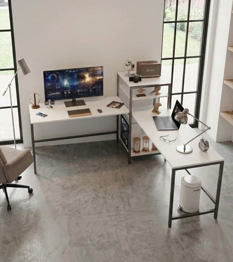AGD Gaming and Computer Table, 3-Way Adjustable, White L-Shaped Corner Computer Desk with Printer and Book Shelf, Tall Workstation for 2 People - Image 1