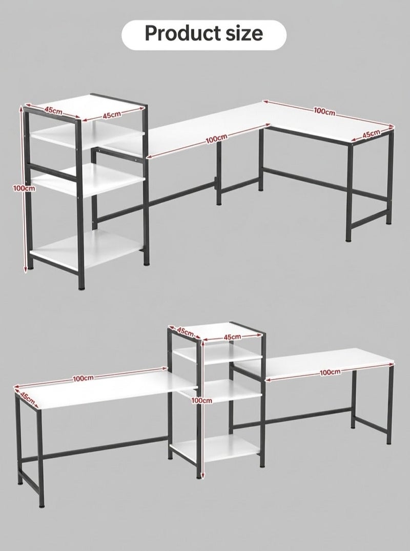 AGD Gaming and Computer Table, 3-Way Adjustable, White L-Shaped Corner Computer Desk with Printer and Book Shelf, Tall Workstation for 2 People - Image 5