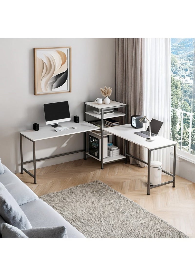 AGD Gaming and Computer Table, 3-Way Adjustable, White L-Shaped Corner Computer Desk with Printer and Book Shelf, Tall Workstation for 2 People - Image 2