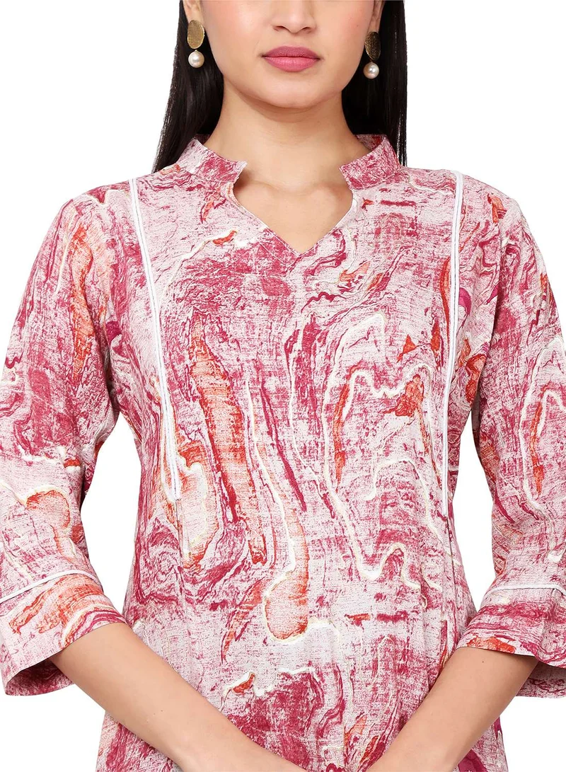 HANA & SARA MARBLE PRINT LIGHT RED COLOUR SOFT VSCOSE FORMAL STYLED SHORT STYLISH ARABIC KAFTAN JALABIYA DRESS