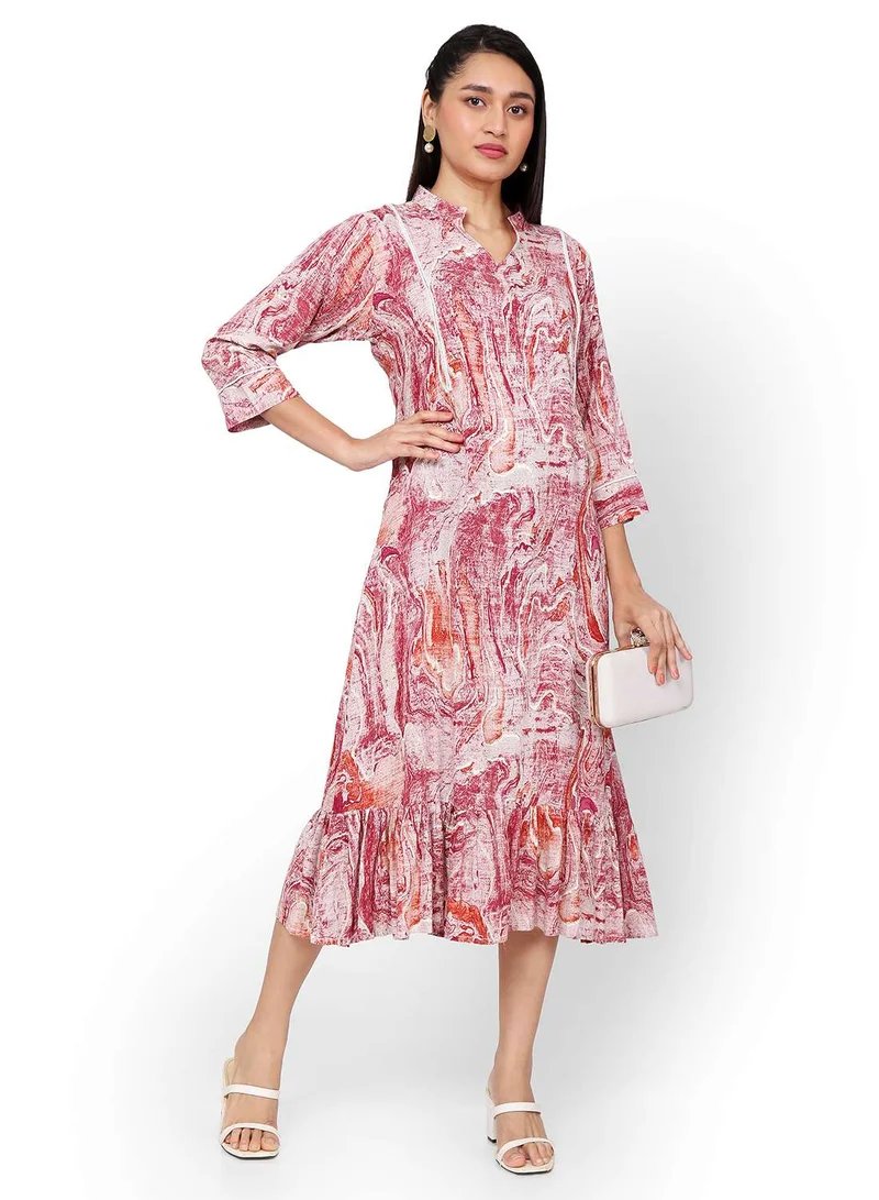 HANA & SARA MARBLE PRINT LIGHT RED COLOUR SOFT VSCOSE FORMAL STYLED SHORT STYLISH ARABIC KAFTAN JALABIYA DRESS