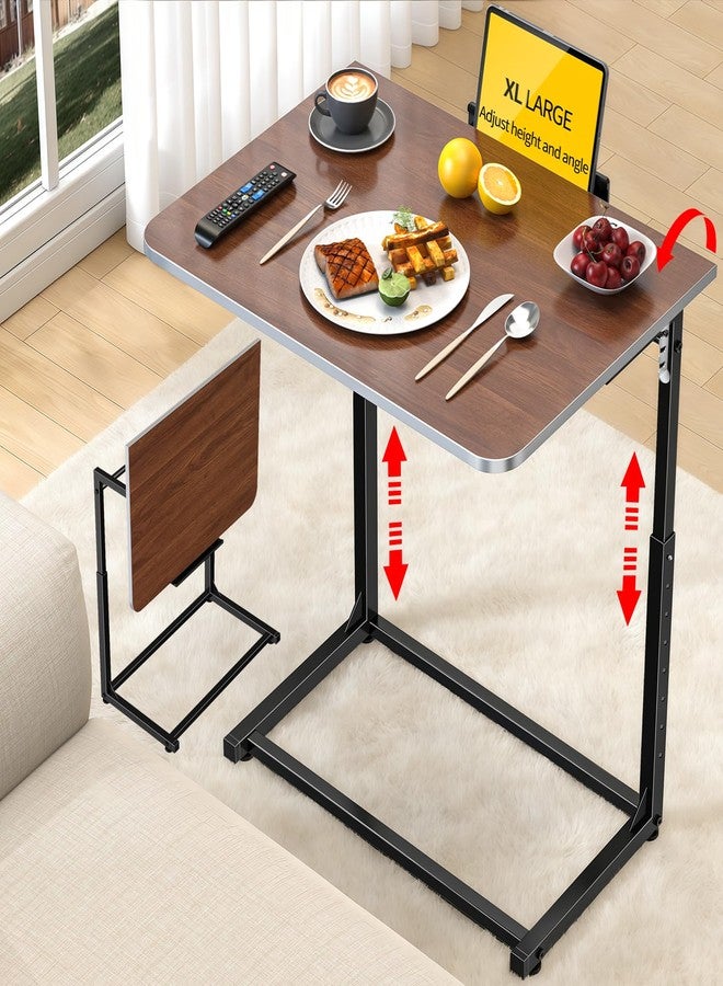 Dataroad Selead Extra Large Heavy Duty TV Tray Table, 23.6" Folding C-Shaped Laptop Desk for Couch & Bed, Height & Tilt Adjustable Overbed End Table with Phone/Tablet Slot, Easy Clean Walnut Finish for Small Spaces - Image 1