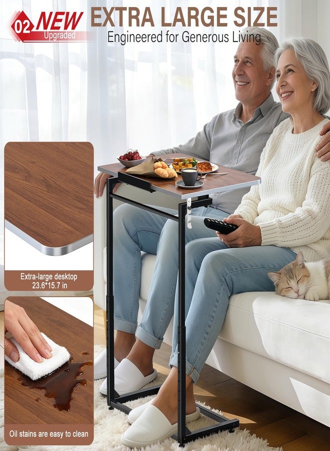 Dataroad Selead Extra Large Heavy Duty TV Tray Table, 23.6" Folding C-Shaped Laptop Desk for Couch & Bed, Height & Tilt Adjustable Overbed End Table with Phone/Tablet Slot, Easy Clean Walnut Finish for Small Spaces - Image 3