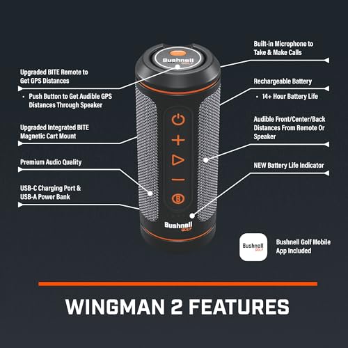 Bushnell Golf Wingman 2 GPS Bluetooth Speaker | Audible Distances, Magnetic Cart Mount, Custom Sound Bites, TWS Pairing & USB-C Charging - Image 5