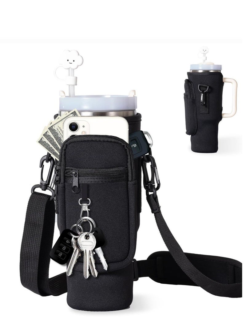 Stanley Water Bottle Carrier Bag for Stanley 40oz Tumbler, Water Bottle Holder with Pouch and Adjustable Strap, Sleeve Accessories with Pocket for 40oz Cup (Black)  - Image 1