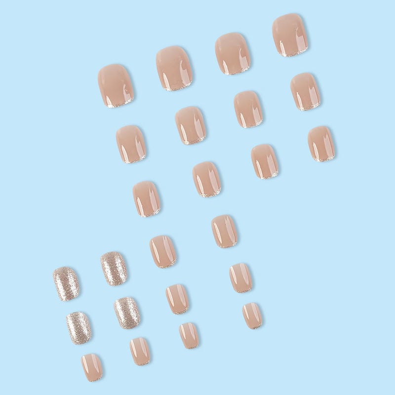 MABKJLF French Tip Press on Nails Glitter Petite Short Square Fake Nails Pink Nude Glossy Design Sparkly False Nails Glue on Nails with Full Cover Acrylic Stick for Women Girls Nail Decorations 24Pcs - Image 4