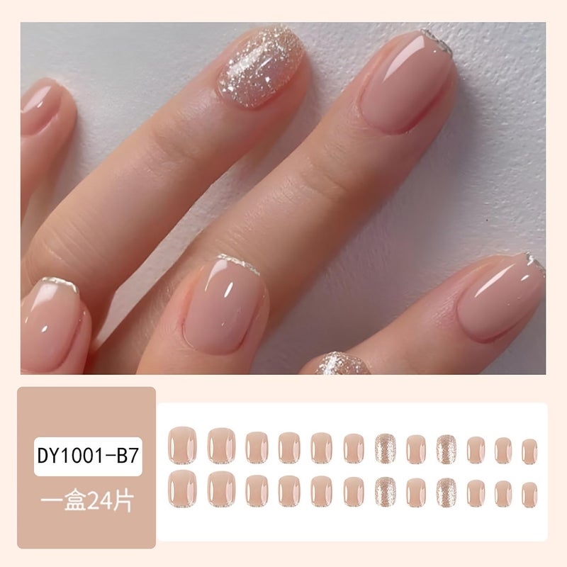 MABKJLF French Tip Press on Nails Glitter Petite Short Square Fake Nails Pink Nude Glossy Design Sparkly False Nails Glue on Nails with Full Cover Acrylic Stick for Women Girls Nail Decorations 24Pcs - Image 5