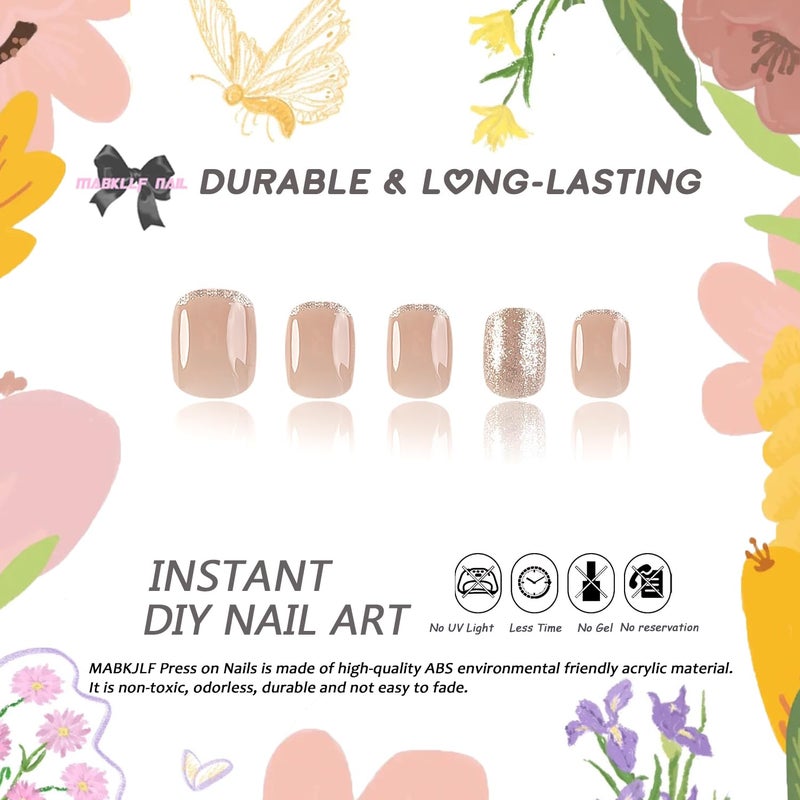 MABKJLF French Tip Press on Nails Glitter Petite Short Square Fake Nails Pink Nude Glossy Design Sparkly False Nails Glue on Nails with Full Cover Acrylic Stick for Women Girls Nail Decorations 24Pcs - Image 2