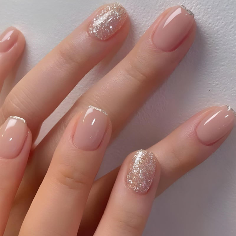 MABKJLF French Tip Press on Nails Glitter Petite Short Square Fake Nails Pink Nude Glossy Design Sparkly False Nails Glue on Nails with Full Cover Acrylic Stick for Women Girls Nail Decorations 24Pcs - Image 1