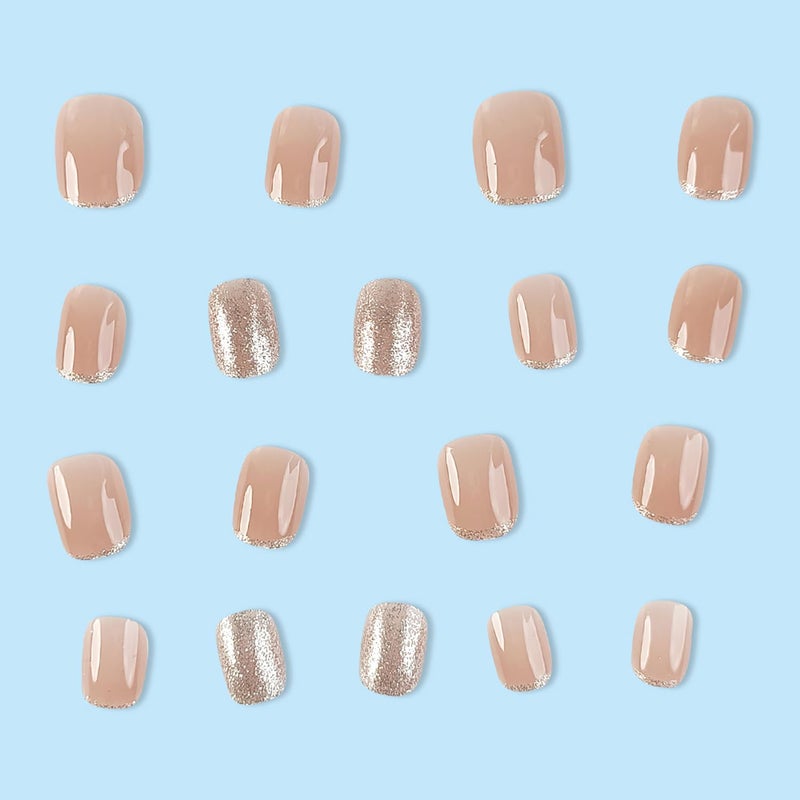 MABKJLF French Tip Press on Nails Glitter Petite Short Square Fake Nails Pink Nude Glossy Design Sparkly False Nails Glue on Nails with Full Cover Acrylic Stick for Women Girls Nail Decorations 24Pcs - Image 3