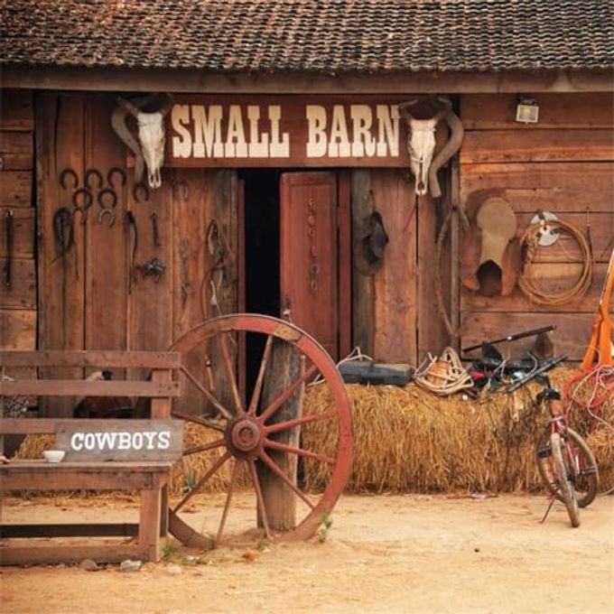 AOFOTO 10X10Ft Western Backdrop Vintage Barn Door Cowboy Background For Photography Rustic Wood Barn House Farm Tool Haystack Old Bicycle Wheels Country Wild West Theme Birthday Party Decor Supplies - Image 1