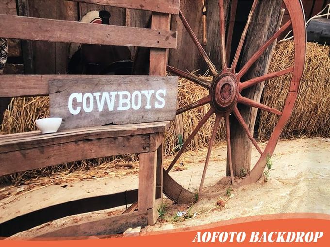 AOFOTO 10X10Ft Western Backdrop Vintage Barn Door Cowboy Background For Photography Rustic Wood Barn House Farm Tool Haystack Old Bicycle Wheels Country Wild West Theme Birthday Party Decor Supplies - Image 3