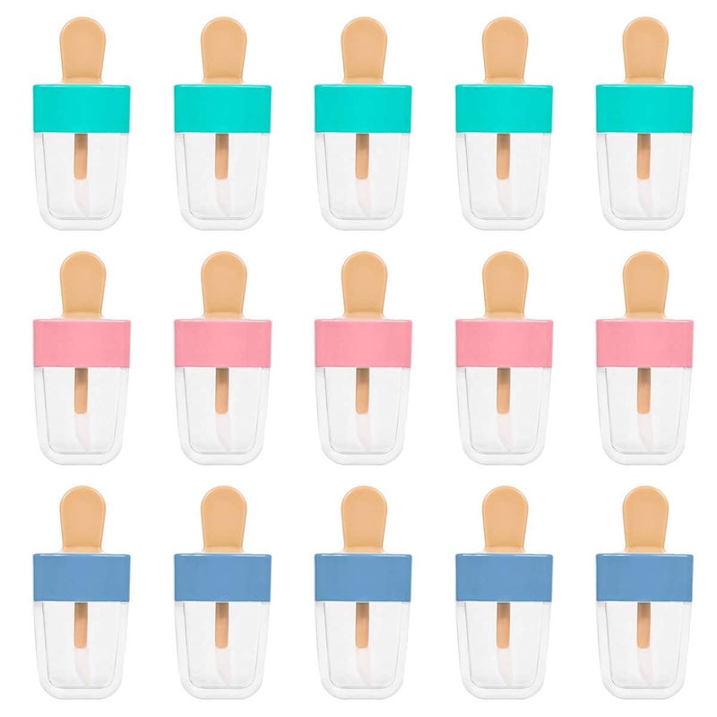 JOLLYSTYLE أنابيب ملمع الشفاه JOLLYSTYLE 15 قطعة - حاويات ملمع شفاه فارغة على شكل آيس كريم باللون الوردي والأخضر والأزرق - حاويات ملمع شفاه/بلسم شفاه قابلة لإعادة التعبئة للفتيات والنساء لمستحضرات التجميل DIY - Image 1