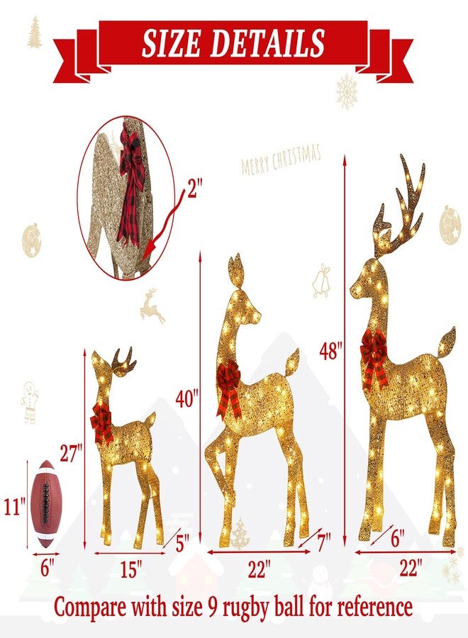 HbSpacstial 48 Inch 2.5D Gold Lighted Christmas Deer Decorations 3-Piece Outdoor Holiday Decorations Reindeer Set with 145 Warm White LEDs, Large Yard Display for Garden, Storefront - Image 4