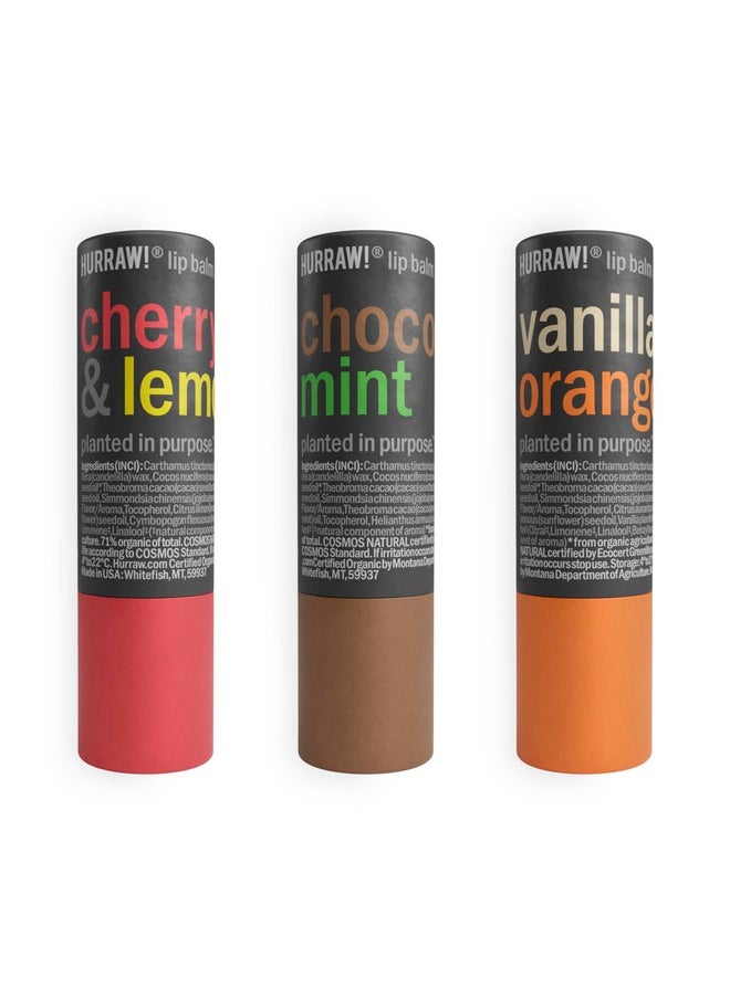 Hurraw! Cherry Lemon Chocolate Mint & Vanilla Orange Lip Balm 3 Pack Bundle Plasticfree With New Cardboard Pushup Tube. Certified Organic Natural & Vegan. Bee Shea Soy & Palm Free. Made In Usa  - Image 1