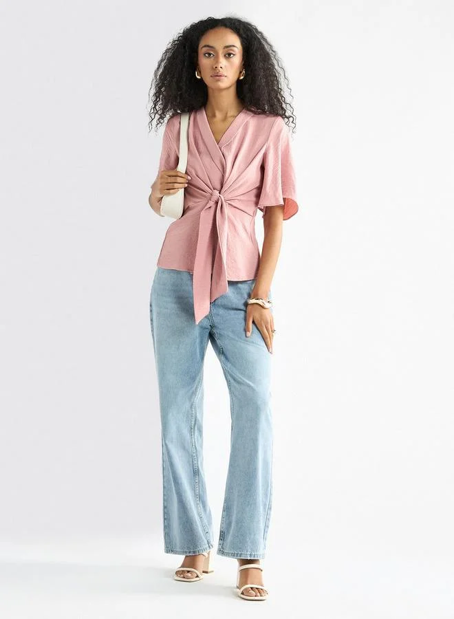 Splash FAV Solid V-neck Top with Flutter Sleeves and Knot Detail