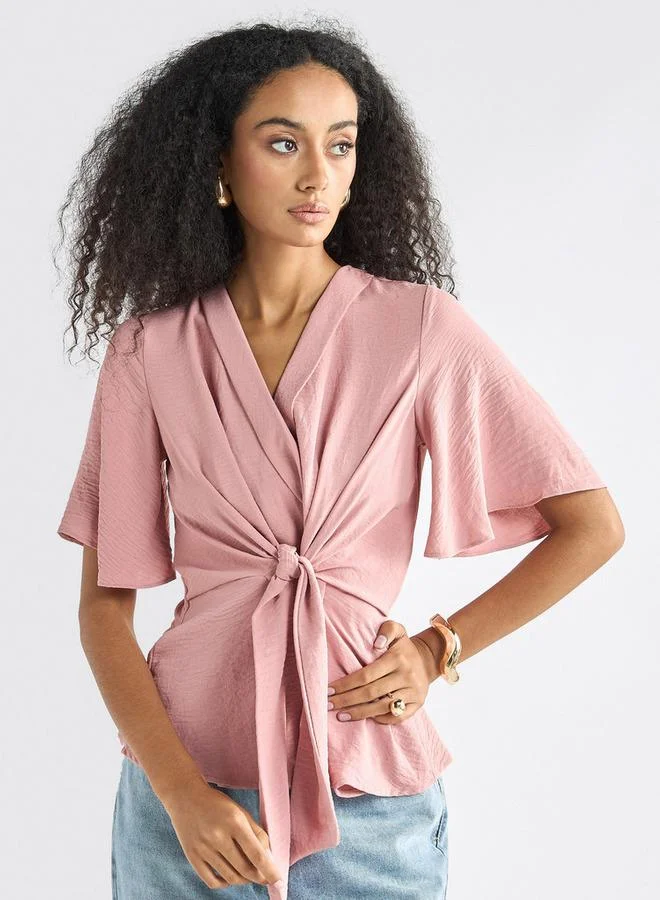 Splash FAV Solid V-neck Top with Flutter Sleeves and Knot Detail