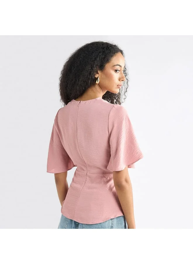 Splash FAV Solid V-neck Top with Flutter Sleeves and Knot Detail