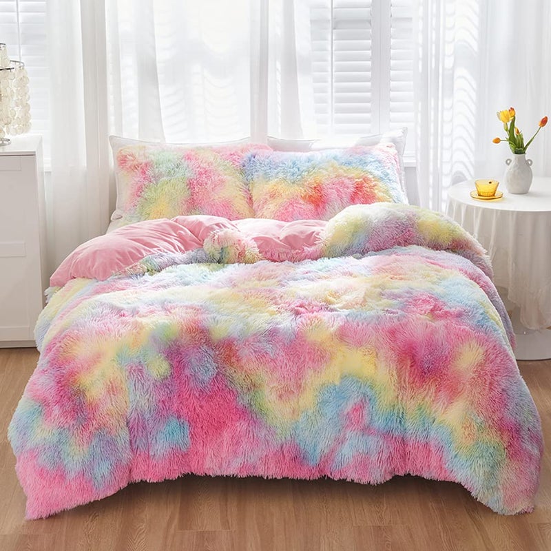 SUCSES SUCSES Pink Fluffy Full Size Bedding Sets for Girls Faux Fur Plush Shaggy Kids Duvet Cover Set Colorful Rainbow Furry Comforter Cover Set Tie Dye Teen Girl Bed Set Pink Full 