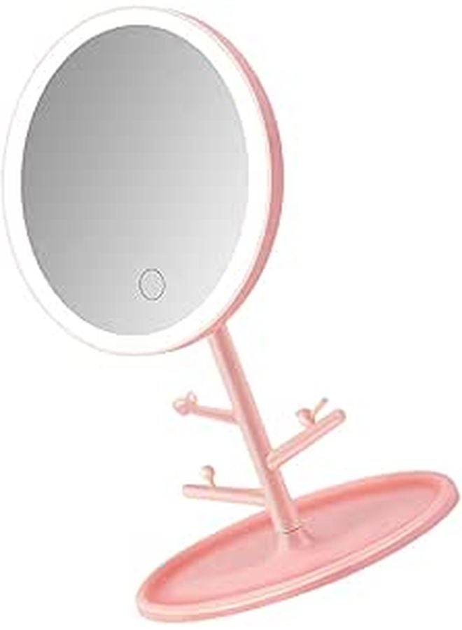 Adjustable LED Cosmetic Mirror Foldable USB Rechargeable Compact Dressing Tabletop Travel Pink - Image 1