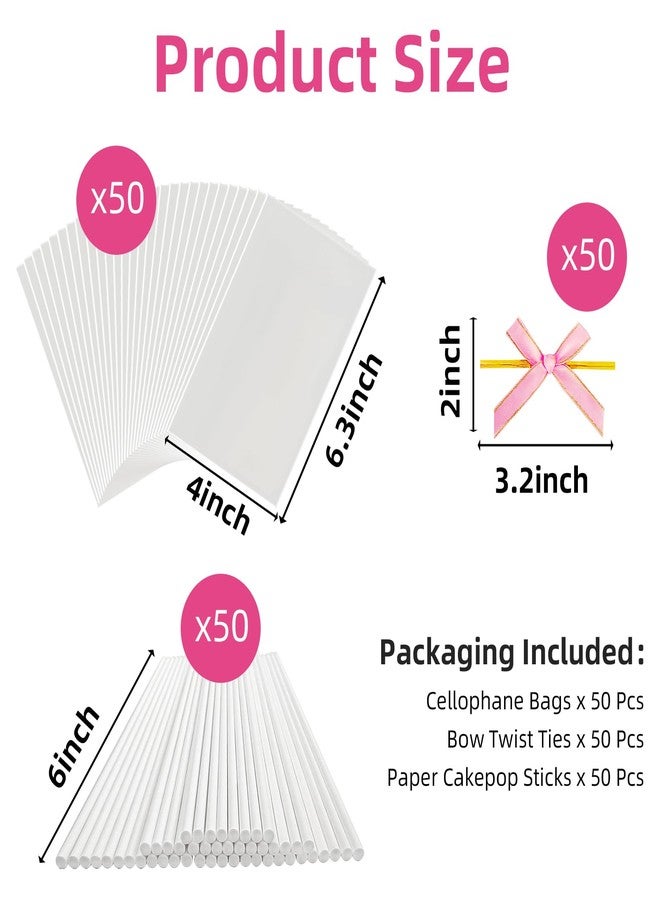 Roxjaejae 150 Pcs Cake Pop Kit, Paper Cake Pop Sticks with Clear Cellophane Bags and Pink Bow Twist Ties, Cake Pops Making Tools for Lollipops, Candies, Chocolates, Cookies, DIY Desserts - Image 3