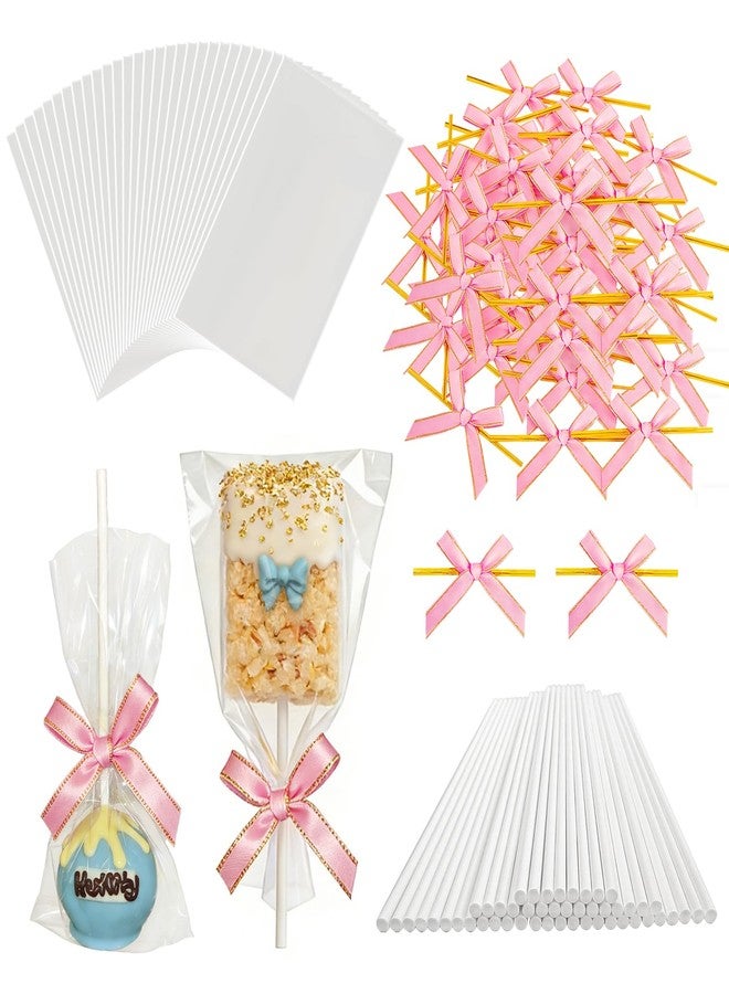 Roxjaejae 150 Pcs Cake Pop Kit, Paper Cake Pop Sticks with Clear Cellophane Bags and Pink Bow Twist Ties, Cake Pops Making Tools for Lollipops, Candies, Chocolates, Cookies, DIY Desserts - Image 1