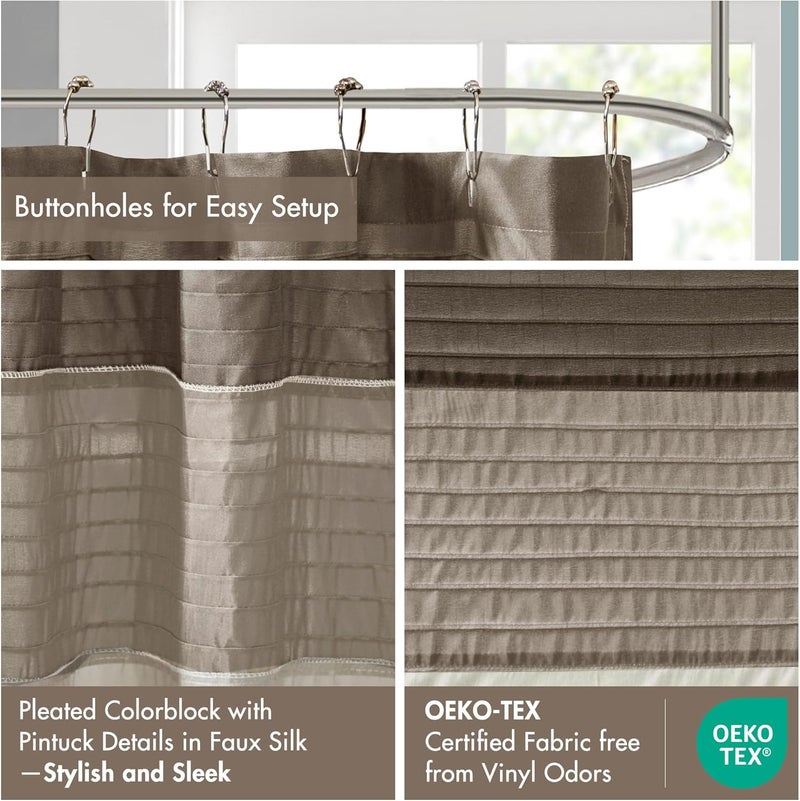 madison park Amherst Bathroom Shower Curtain Faux Silk Pieced Striped Modern Microfiber Bath Curtains, 72x72 Inches, Natural - Image 2