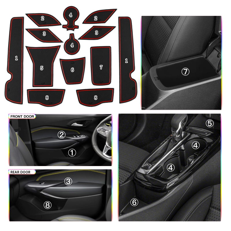 SKTU 2024 2025 2026 Chevy Trax Door Slot Mat for 2024 2025 2026 Chevrolet Trax (LS,1RS,LT,2RS,ACTIV) 14PCS Fit 2024 20256 2026 Chevy Trax Accessories Door Compartment Cup Center Console Liners (Red) - Image 2