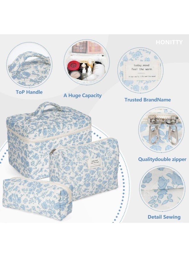 لوميا مجموعة حقيبة مكياج مبطنة من القطن، حقائب تنظيم مستحضرات التجميل، حقيبة مكياج مزينة بالزهور للنساء والفتيات، مجموعة حقيبة مكياج قطنية لطيفة، حقيبة تنظيم أدوات الزينة للسفر مزينة بالزهور (أزرق) - Image 4
