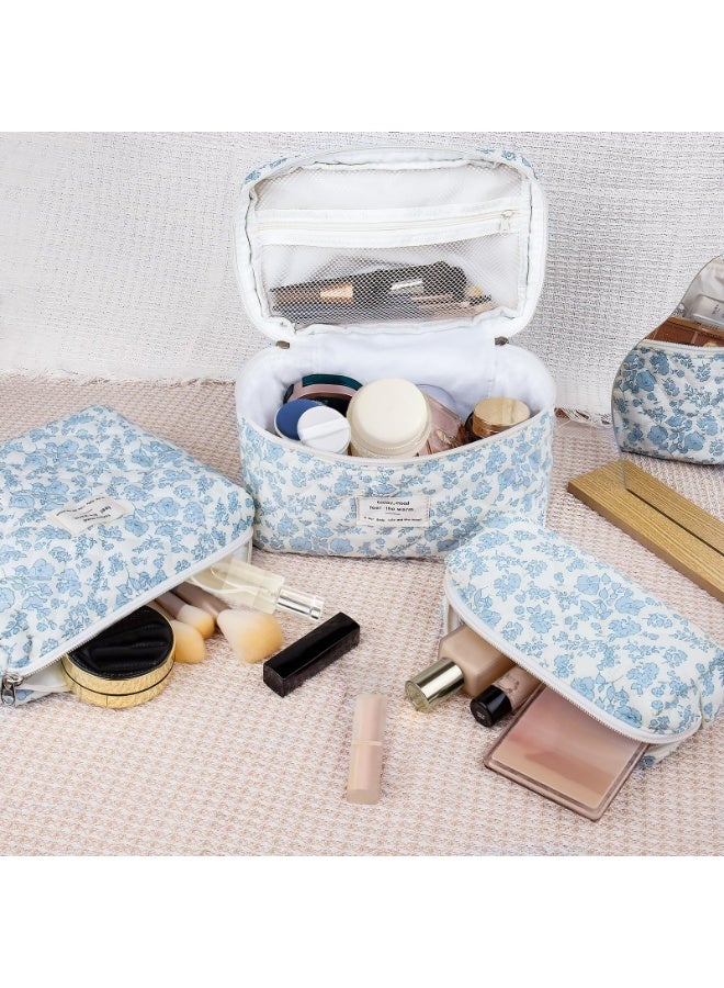 لوميا مجموعة حقيبة مكياج مبطنة من القطن، حقائب تنظيم مستحضرات التجميل، حقيبة مكياج مزينة بالزهور للنساء والفتيات، مجموعة حقيبة مكياج قطنية لطيفة، حقيبة تنظيم أدوات الزينة للسفر مزينة بالزهور (أزرق) - Image 2