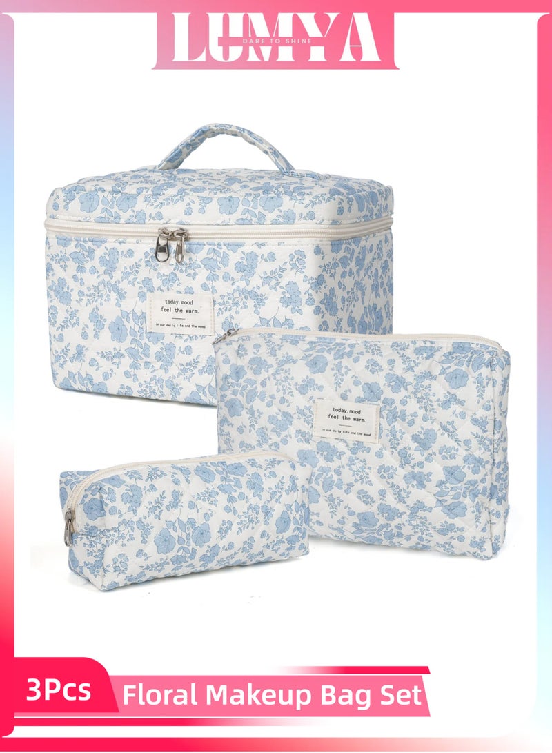 لوميا مجموعة حقيبة مكياج مبطنة من القطن، حقائب تنظيم مستحضرات التجميل، حقيبة مكياج مزينة بالزهور للنساء والفتيات، مجموعة حقيبة مكياج قطنية لطيفة، حقيبة تنظيم أدوات الزينة للسفر مزينة بالزهور (أزرق) - Image 1