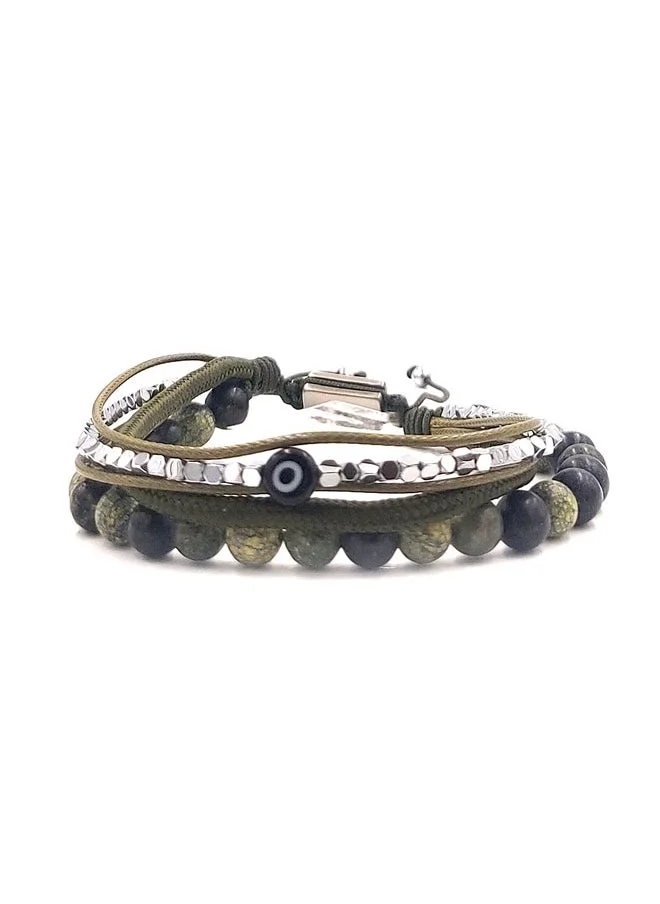 كريسوستوموس Handmade Multiline Adjustable Bracelet for Men with Multi-Line Design and Green Agate and Green Straps