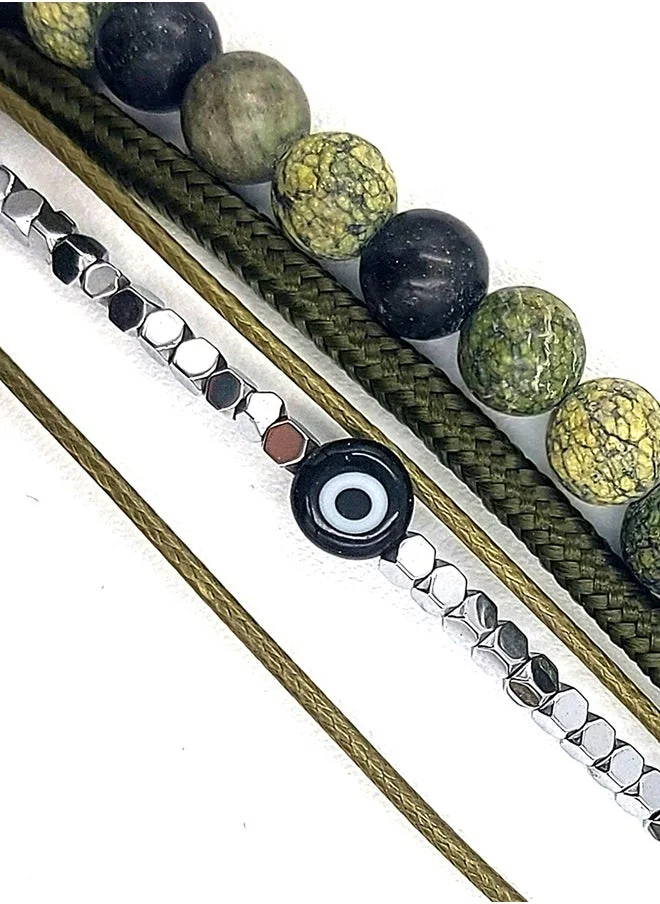 كريسوستوموس Handmade Multiline Adjustable Bracelet for Men with Multi-Line Design and Green Agate and Green Straps