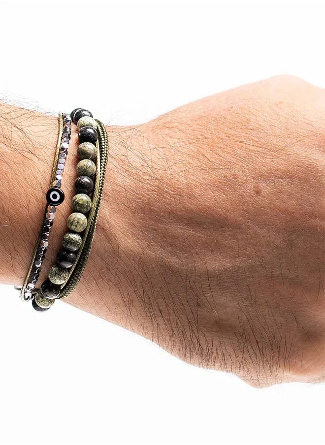 كريسوستوموس Handmade Multiline Adjustable Bracelet for Men with Multi-Line Design and Green Agate and Green Straps