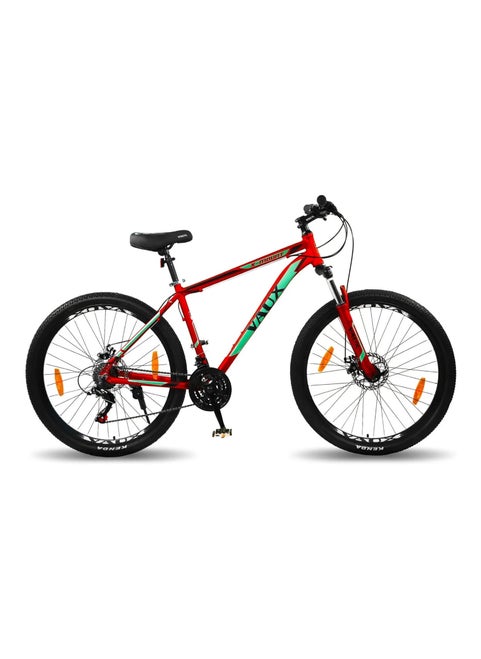 دراجة Vaux X-Mount Gear Cycle للرجال مقاس 27.5T بإطار من سبائك الألومنيوم وفرامل قرصية - دراجة جبلية متعددة السرعات للبالغين مع 21 ترسًا من شيمانو - نظام تعليق قابل للقفل - إطارات Kenda - أحمر