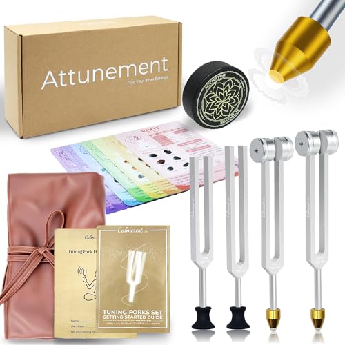 CALMCREST Tuning Forks for Healing Set with 7 Chakras Guide Cards (128Hz, 136.1Hz, 256Hz, 384Hz) – Weighted & Unweighted Premium Tuning Forks for Sound Therapy, Energy Balancing, Meditation & Chakra Healing - Image 1