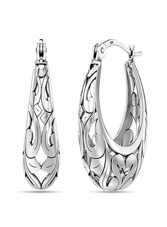 LeCalla 925 Sterling Silver Hoop Earrings | Women's Chunky Filigree Hoop Earrings | Antique Filigree Cut Earring | Lightweight & Hypoallergenic Vintage Hoops Earring for Women, Sterling Silver, No - Image 1
