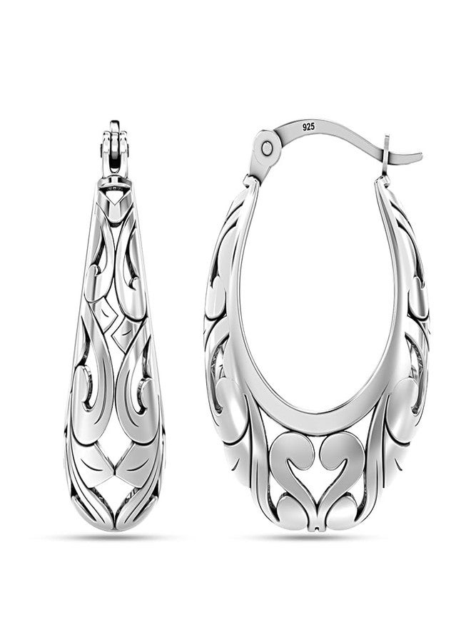 LeCalla 925 Sterling Silver Hoop Earrings | Women's Chunky Filigree Hoop Earrings | Antique Filigree Cut Earring | Lightweight & Hypoallergenic Vintage Hoops Earring for Women, Sterling Silver, No - Image 3