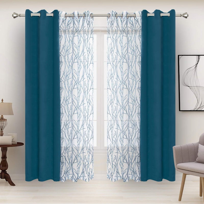 BONZER Mix and Match Curtains  2 Pieces Branch Print Sheer Curtains and 2 Pieces Blackout Curtains for Bedroom Living Room Grommet Window Drapes 37x84 InchPanel Teal Set of 4 Panels