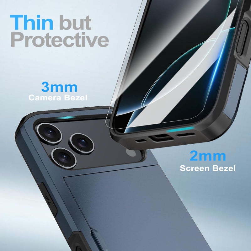 Benbenjaytek for iPhone 17 Pro Wallet Case with Card Holder + 2 Tempered Glass Screen Protector Protective Shockproof Hidden Card Slot Slim Case Women Men for iPhone 17 Pro 6.3â€³(Blue) - Image 5