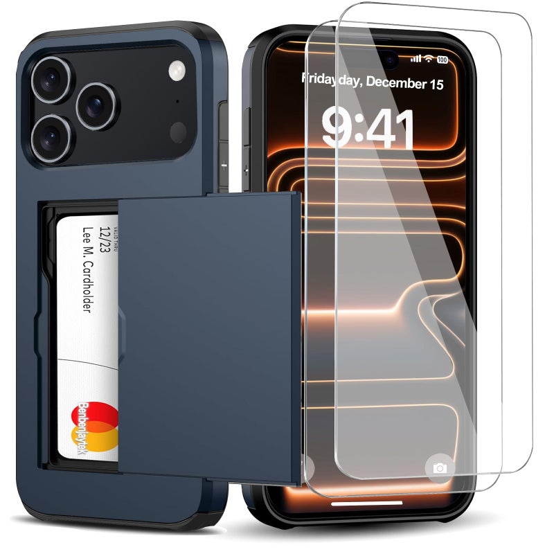 Benbenjaytek for iPhone 17 Pro Wallet Case with Card Holder + 2 Tempered Glass Screen Protector Protective Shockproof Hidden Card Slot Slim Case Women Men for iPhone 17 Pro 6.3â€³(Blue) - Image 1