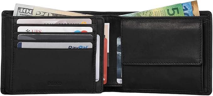 DiLoro Italy Mens Leather Wallet Bifold Flip ID Section Coin RFID Protection Full Grain Men purse Credit Card Holder (Black Lamb) - Image 2