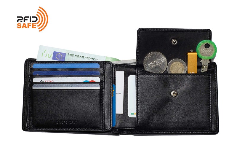 DiLoro Italy Mens Leather Wallet Bifold Flip ID Section Coin RFID Protection Full Grain Men purse Credit Card Holder (Black Lamb) - Image 3