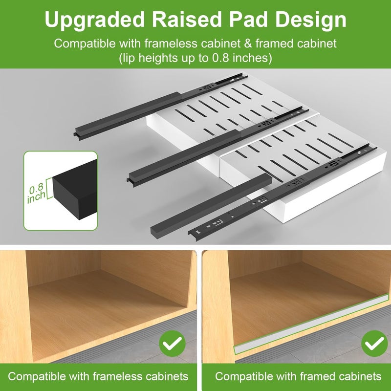 ANTOWIN 2-Pack Expandable Pull Out Cabinet Organizer 21"Deep(12.2"-20.5"W), 3 Full Extension Glides Slide Out Drawers, Roll Out Shelves Adhesive Raising Pad,Compatible Framed Cabinets,90lb Cap,White - Image 3
