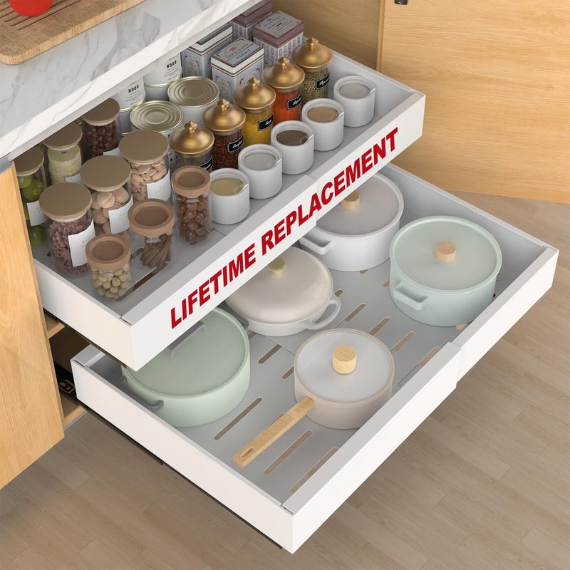 ANTOWIN 2-Pack Expandable Pull Out Cabinet Organizer 21"Deep(12.2"-20.5"W), 3 Full Extension Glides Slide Out Drawers, Roll Out Shelves Adhesive Raising Pad,Compatible Framed Cabinets,90lb Cap,White - Image 1