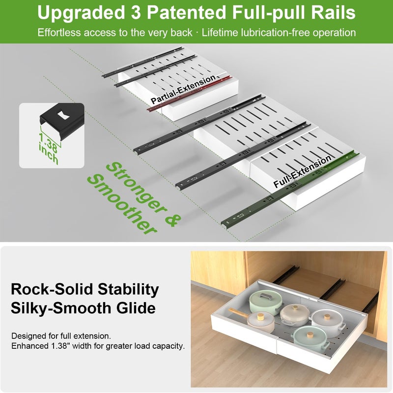 ANTOWIN 2-Pack Expandable Pull Out Cabinet Organizer 21"Deep(12.2"-20.5"W), 3 Full Extension Glides Slide Out Drawers, Roll Out Shelves Adhesive Raising Pad,Compatible Framed Cabinets,90lb Cap,White - Image 4