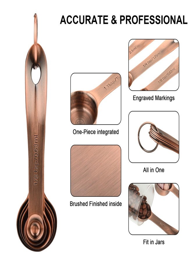Viwehots Copper Measuring Spoons Set with Flat Bottom for Kitchen & Baking, Stainless Steel Measuring Spoons Set for Dry & Liquid, Metal Measuring Tools Set with Engraved US & Metri Markings - Image 3