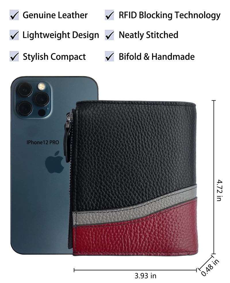 AINIMOER Women's RFID Blocking Leather Small Compact Bi-fold Zipper Pocket Wallet Card Case Purse with id Window (Wavy Black) - Image 4